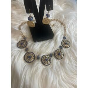 Women's Necklace Earring Set Gold Blue Stone Statement Beautiful
